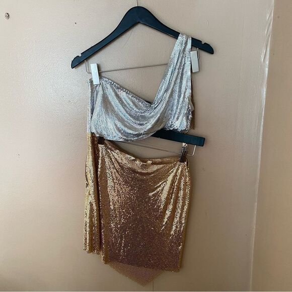 NBD Nikita Mini Dress chainmail metal Silver Gold cut out party Revolve S - Picture 13 of 15